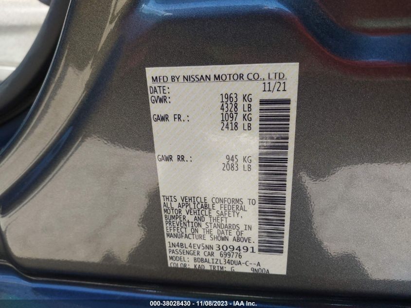 2022 NISSAN ALTIMA SL FWD - 1N4BL4EV5NN309491