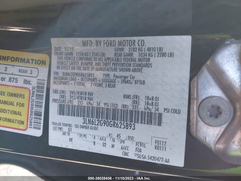 2016 LINCOLN MKZ - 3LN6L2G90GR625893