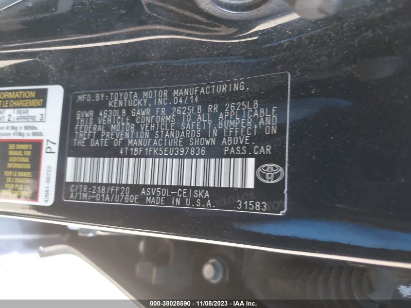 2014 TOYOTA CAMRY L/LE/XLE/SE/SE SPORT - 4T1BF1FK5EU397836