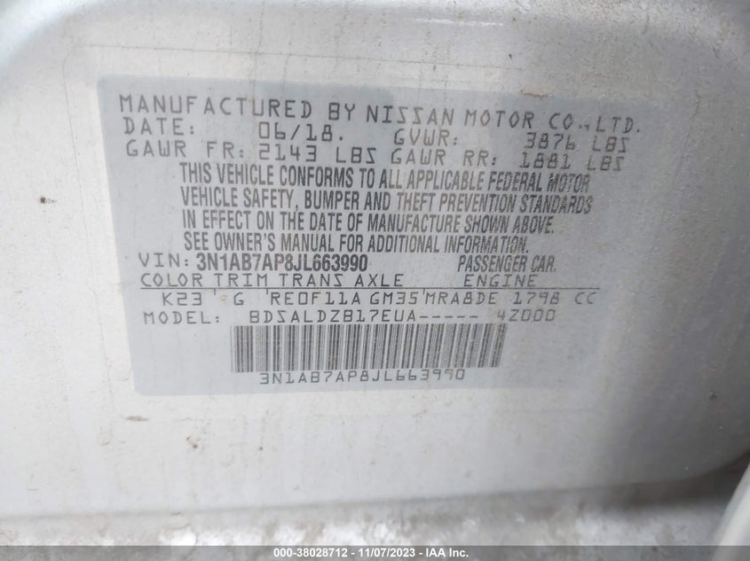 VIN 3N1AB7AP8JL663990 2018 NISSAN SENTRA SV