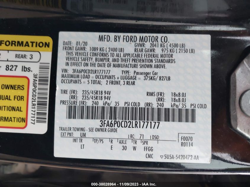 3FA6P0CD2LR177177 2020 FORD FUSION, photo no. 9