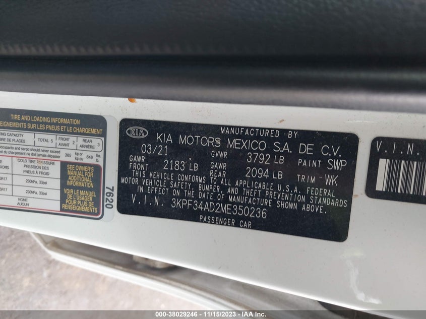 2021 KIA FORTE 2.0L I4 FI DOHC 16V (VIN: 3KPF34AD2ME350236