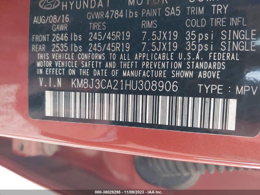 2017 HYUNDAI TUCSON LIMITED/SPORT AND ECO/SE - KM8J3CA21HU308906
