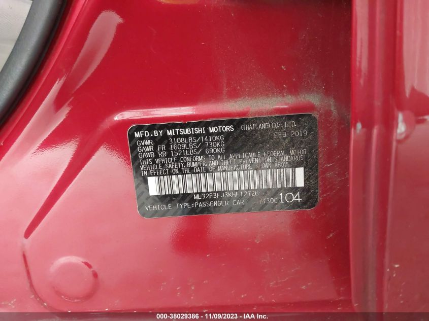 2019 MITSUBISHI MIRAGE G4 RF - ML32F3FJ3KHF12726