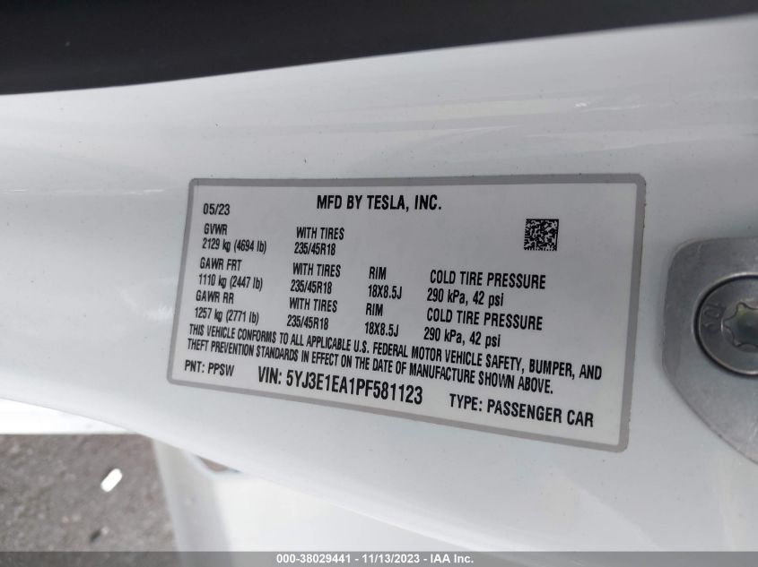 2023 TESLA MODEL 3 - 5YJ3E1EA1PF581123