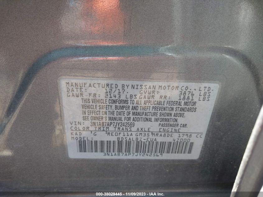 2018 NISSAN SENTRA S/SV/SR/SL - 3N1AB7AP7JY242569