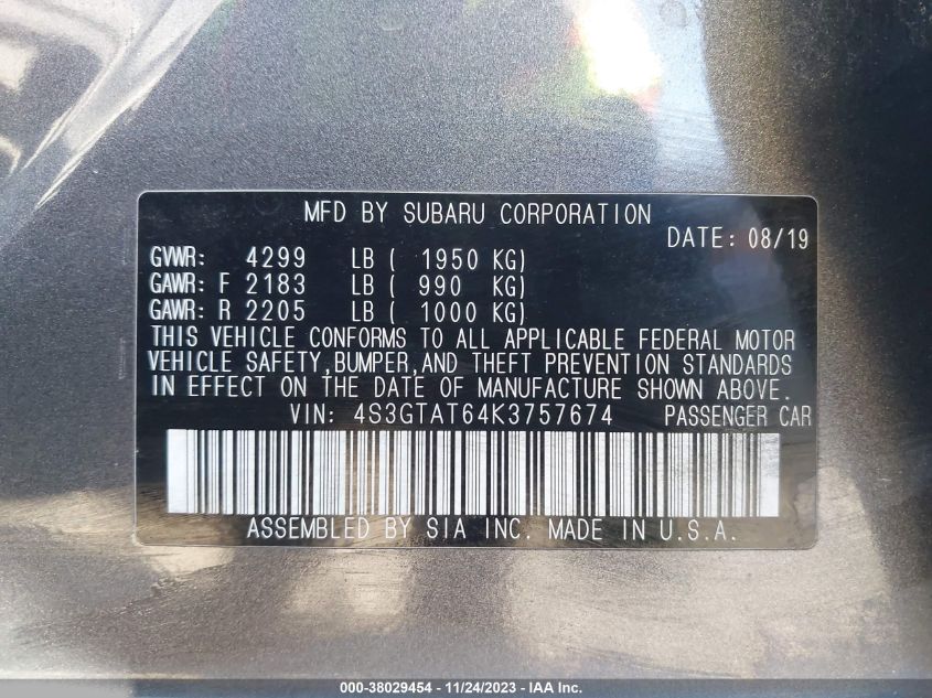 2019 SUBARU IMPREZA LIMITED - 4S3GTAT64K3757674