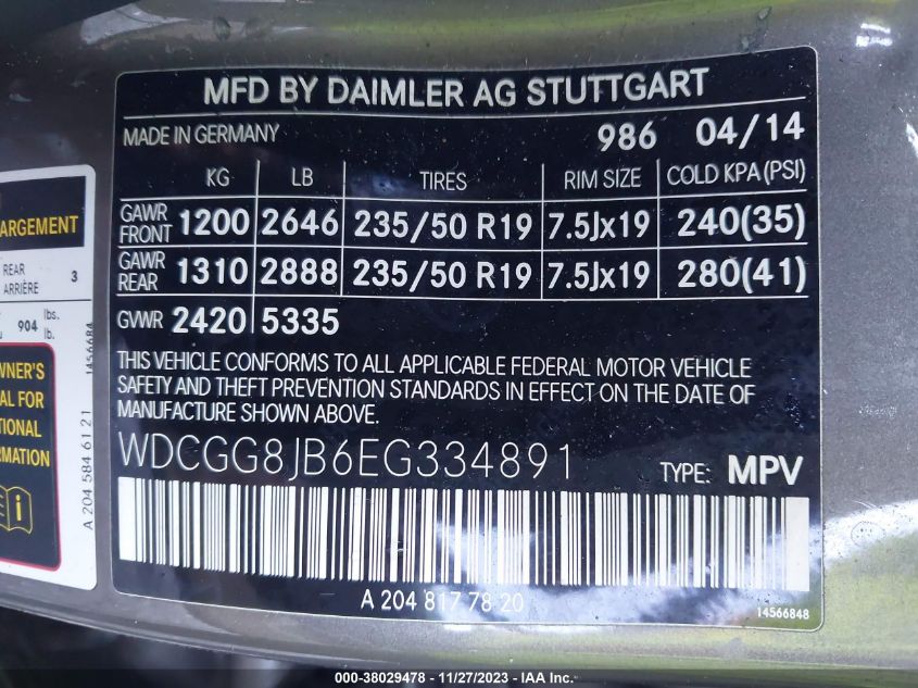 2014 MERCEDES-BENZ GLK 350 WDCGG8JB6EG334891
