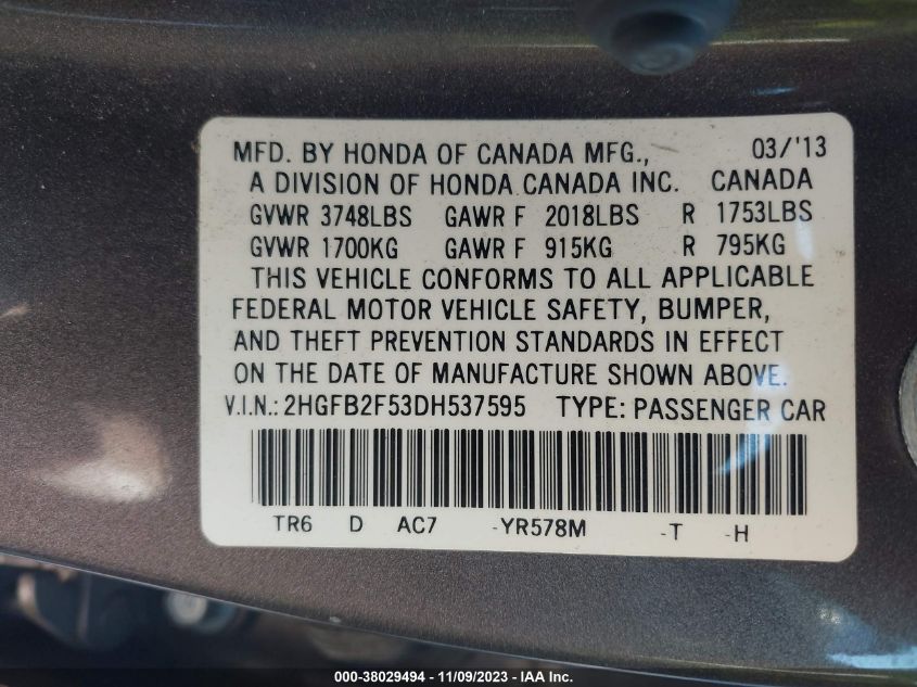 2013 HONDA CIVIC LX - 02HGFB2F53DH53759
