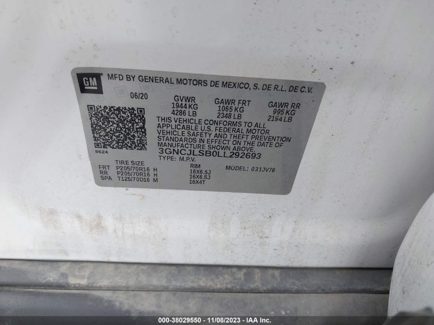 2020 CHEVROLET TRAX 1LT - 3GNCJLSB0LL292693