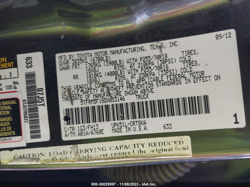 2013 TOYOTA TUNDRA GRADE 4.6L V8 - 5TFRM5F18DX053146