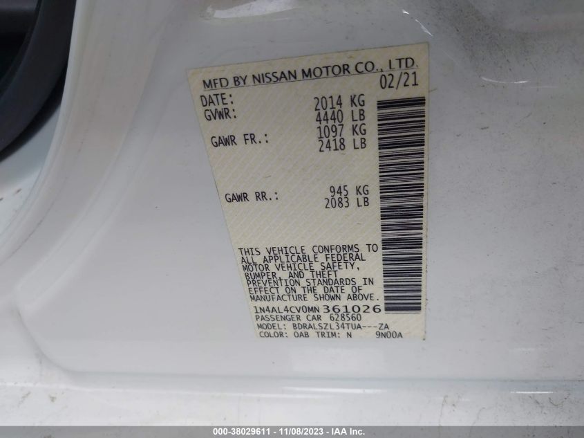 2021 NISSAN ALTIMA SR - 1N4AL4CV0MN361026