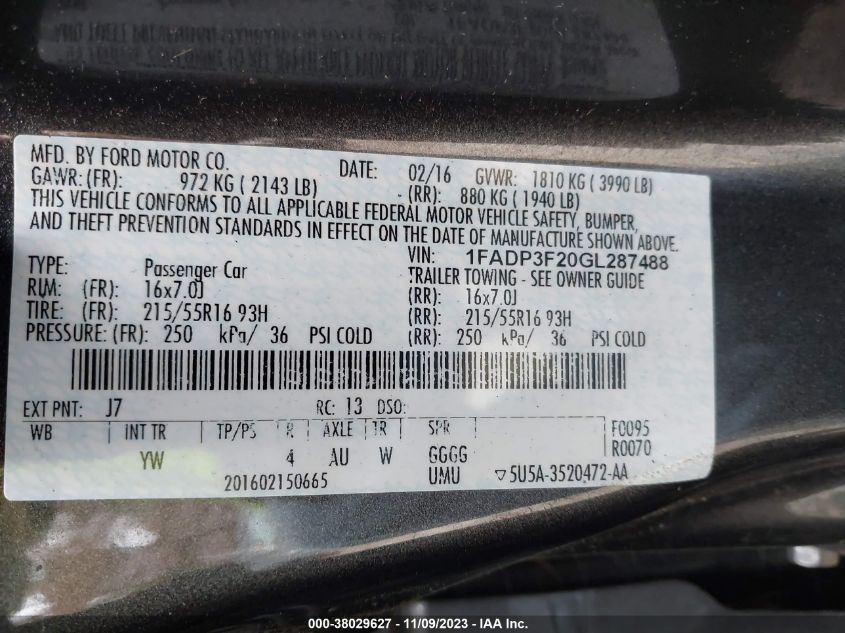 2016 FORD FOCUS SE - 1FADP3F20GL287488