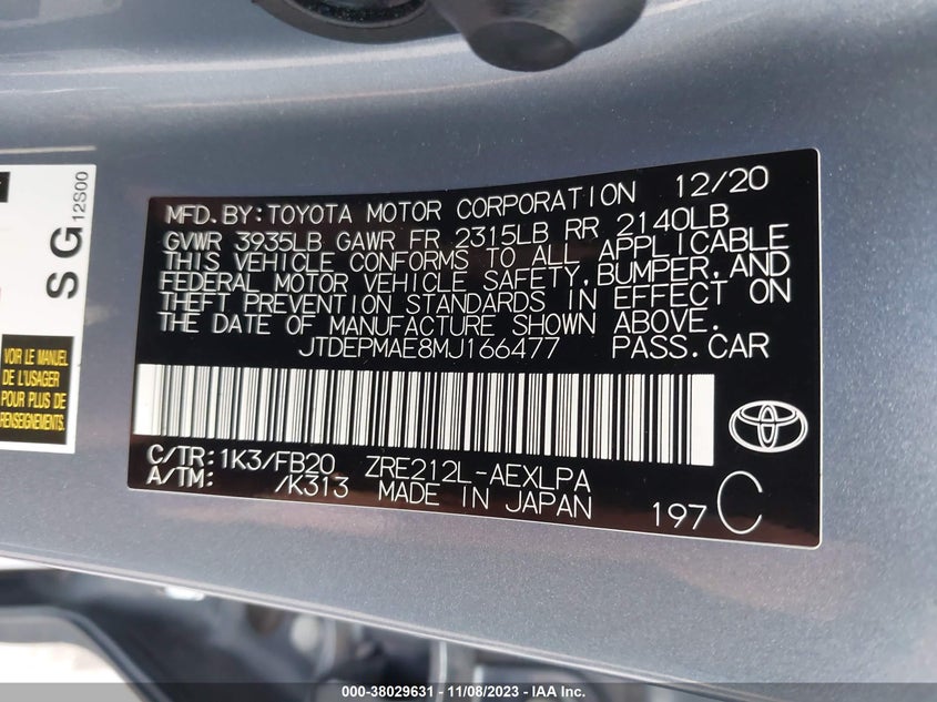 VIN JTDEPMAE8MJ166477 2021 TOYOTA COROLLA LE