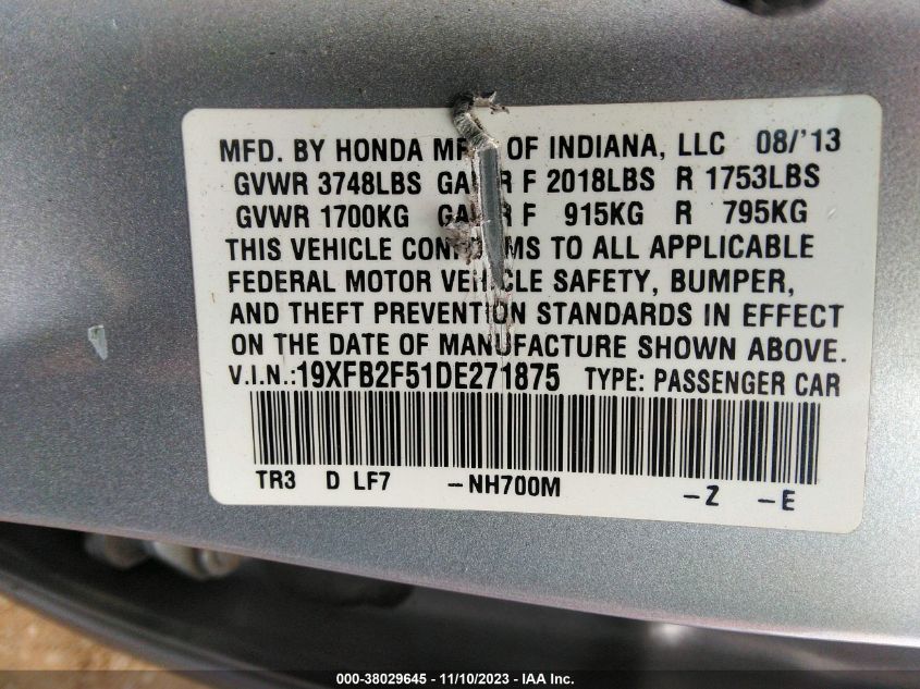 2013 HONDA CIVIC LX - 19XFB2F51DE271875