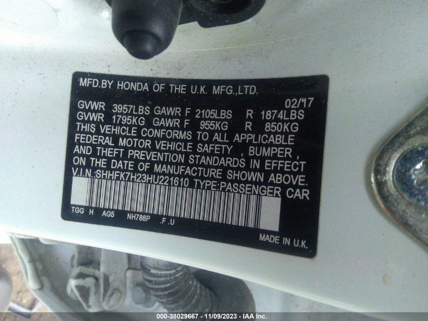 2017 HONDA CIVIC LX - SHHFK7H23HU221610