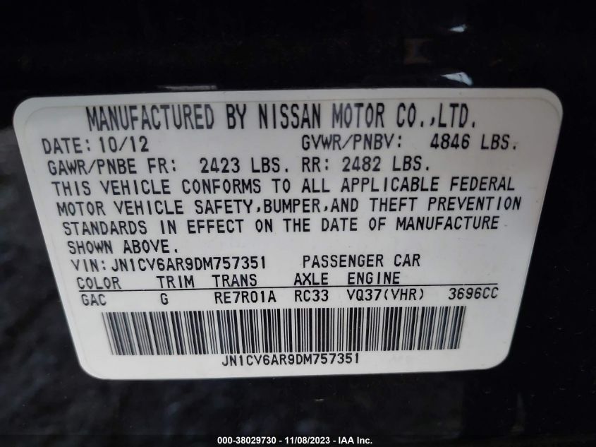 2013 INFINITI G37X - JN1CV6AR9DM757351