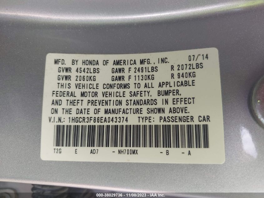 2014 HONDA ACCORD EXL - 1HGCR3F86EA043374