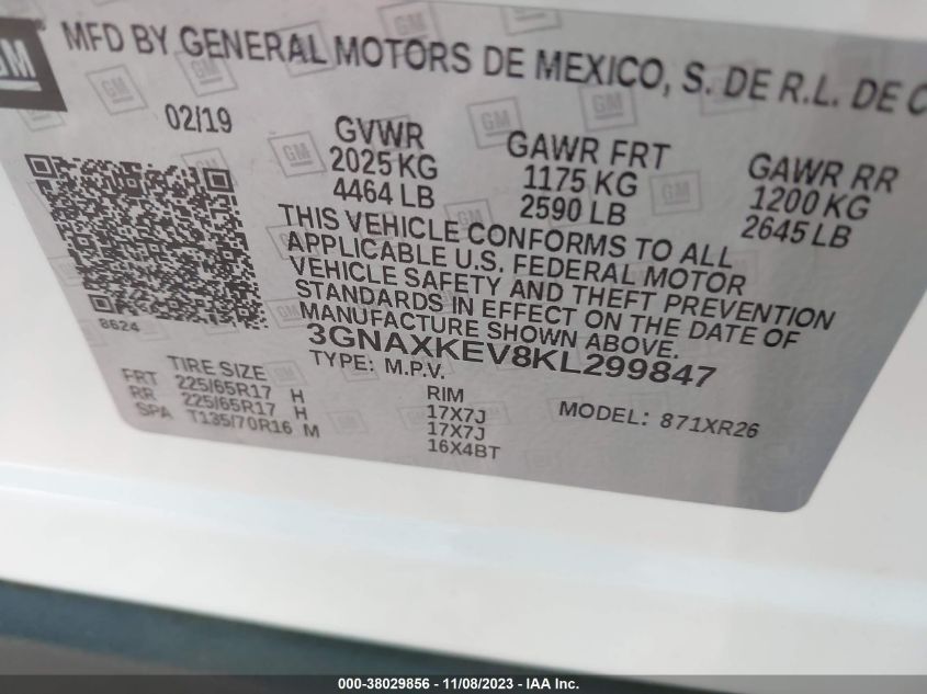 2019 CHEVROLET EQUINOX LT - 3GNAXKEV8KL299847