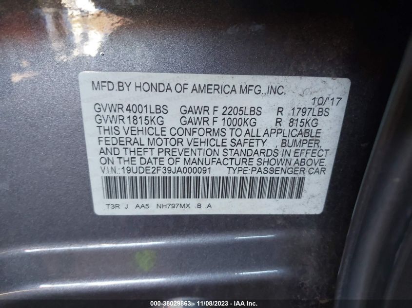 2018 ACURA ILX BASE WATCH PLUS - 19UDE2F39JA000091