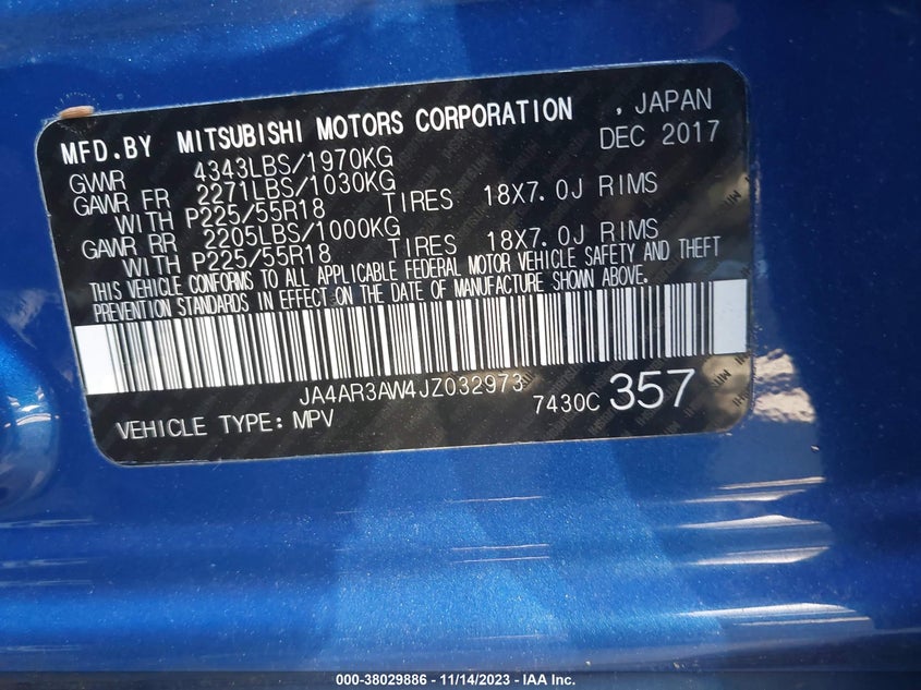 VIN JA4AR3AW4JZ032973 2018 MITSUBISHI OUTLANDER SPORT 2.4 SE