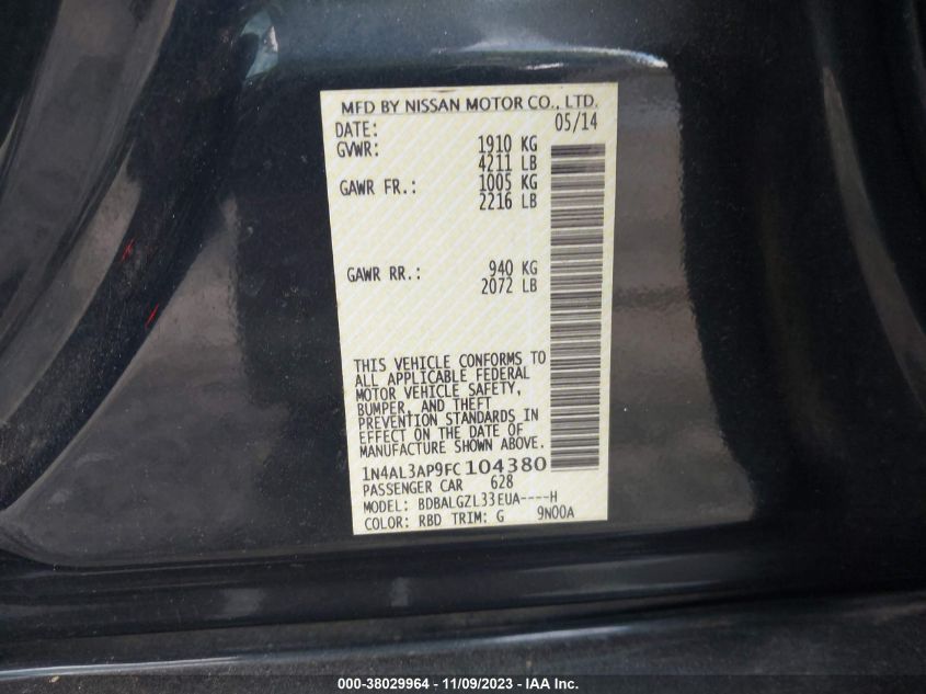2015 NISSAN ALTIMA 2.5 S - 1N4AL3AP9FC104380