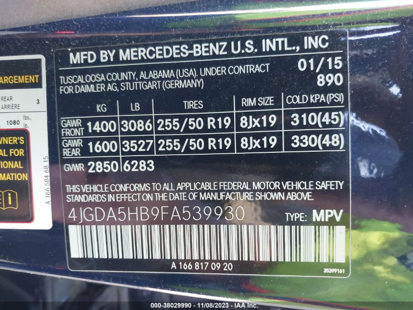 2015 MERCEDES-BENZ ML 350 4JGDA5HB9FA539930