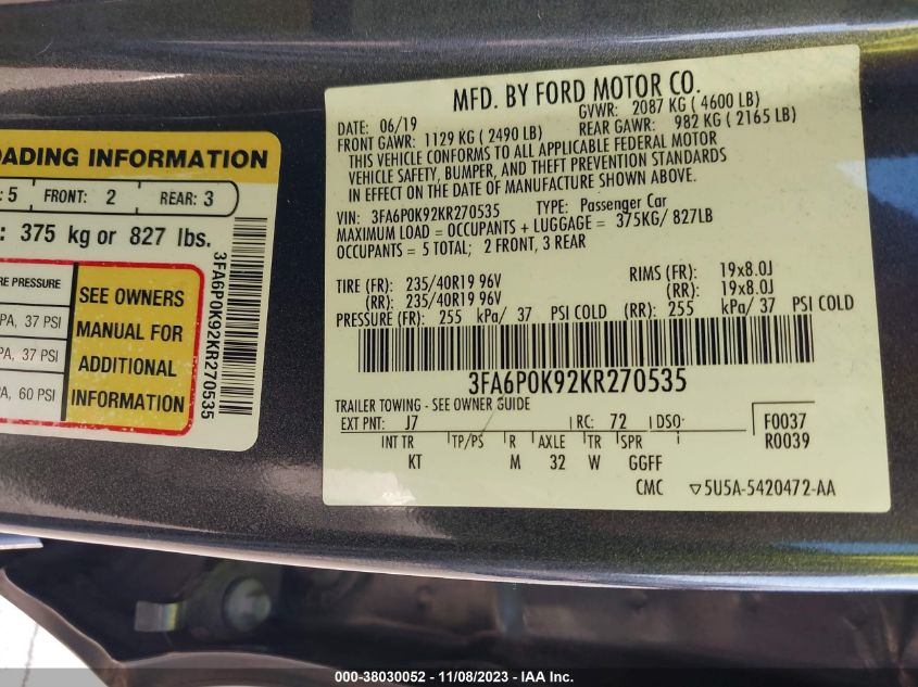2019 FORD FUSION TITANIUM - 3FA6P0K92KR270535