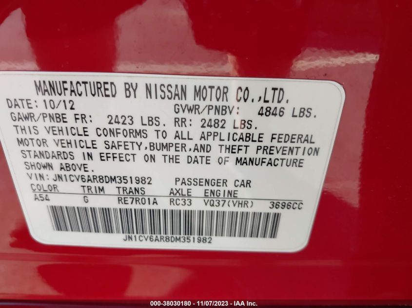 2013 INFINITI G37 SEDAN X JN1CV6AR8DM351982
