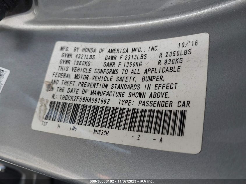 2017 HONDA ACCORD SPORT - 1HGCR2F59HA081962