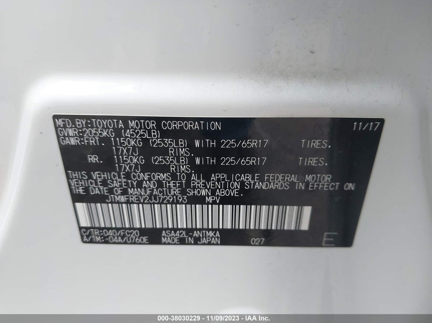 VIN JTMWFREV2JJ729193 2018 TOYOTA RAV4 ADVENTURE/XLE