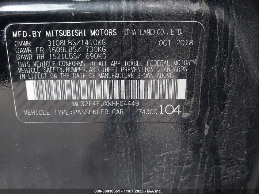 2019 MITSUBISHI MIRAGE G4 SE - ML32F4FJXKHF04449