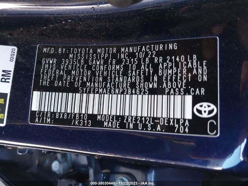 2022 TOYOTA COROLLA LE - 5YFEPMAE6NP384625