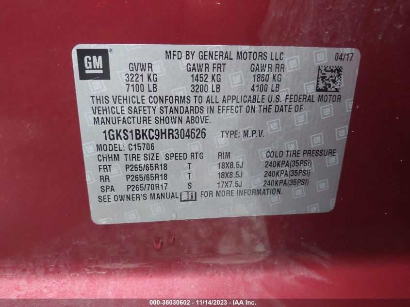 2017 GMC YUKON SLT - 1GKS1BKC9HR304626