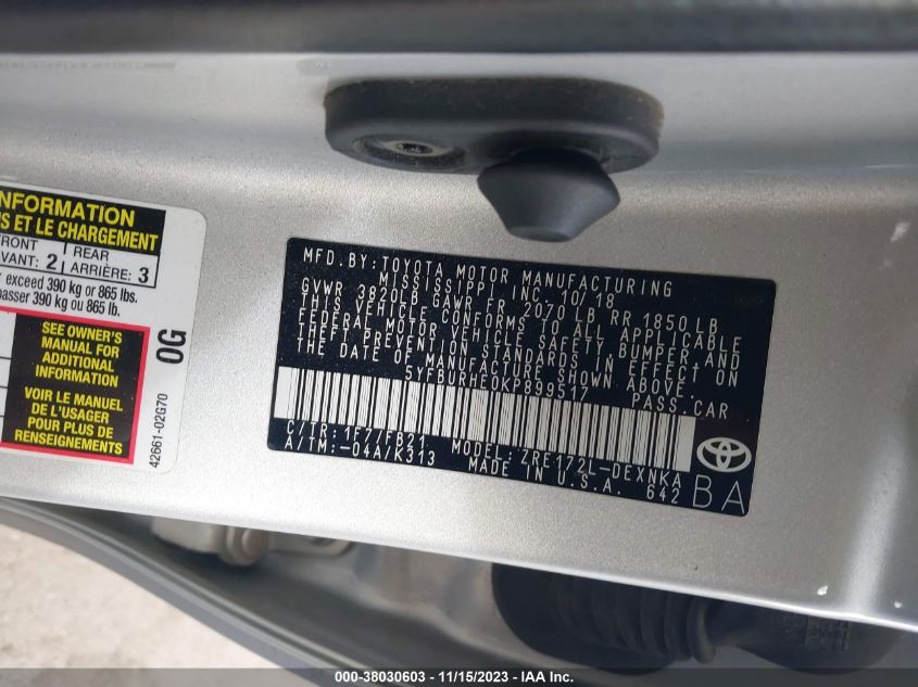 2019 TOYOTA COROLLA L/LE/XLE/SE/XSE - 5YFBURHE0KP899517