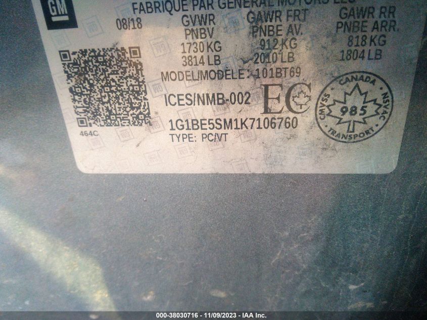 2019 CHEVROLET CRUZE LT - 1G1BE5SM1K7106760