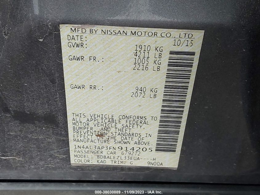 2015 NISSAN ALTIMA 2.5/S/SV/SL - 1N4AL3AP3FN914205