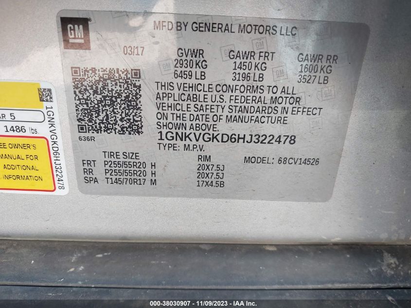 2017 CHEVROLET TRAVERSE LT - 1GNKVGKD6HJ322478