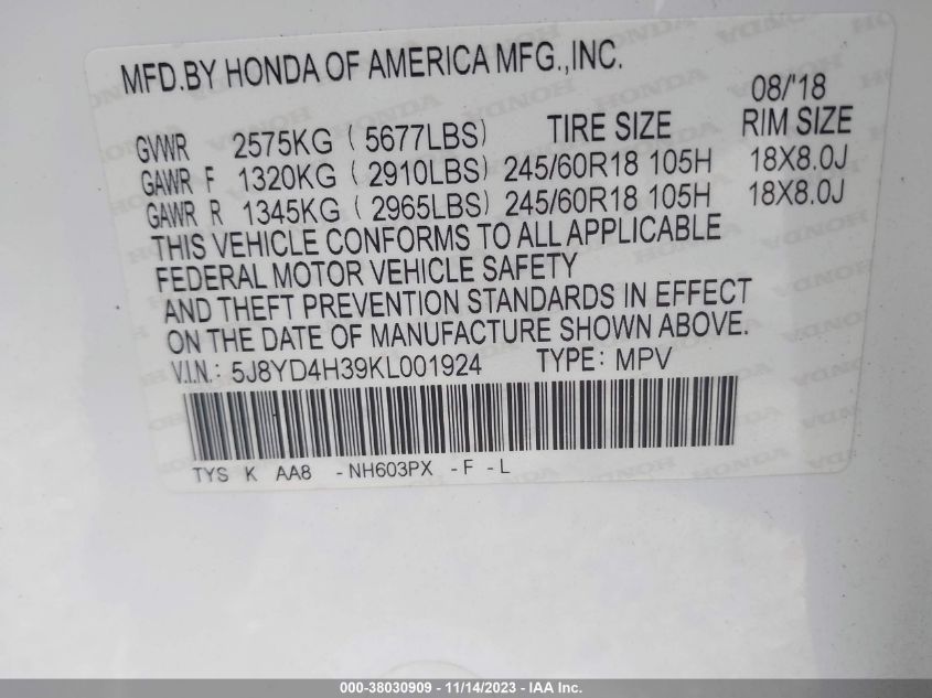 2019 ACURA MDX - 5J8YD4H39KL001924
