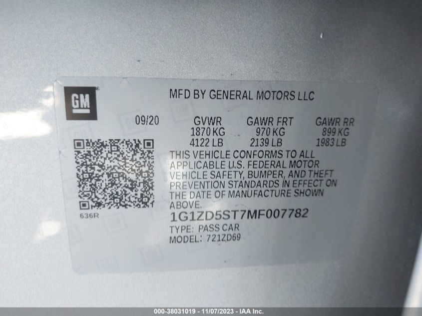 2021 CHEVROLET MALIBU FWD LT - 1G1ZD5ST7MF007782