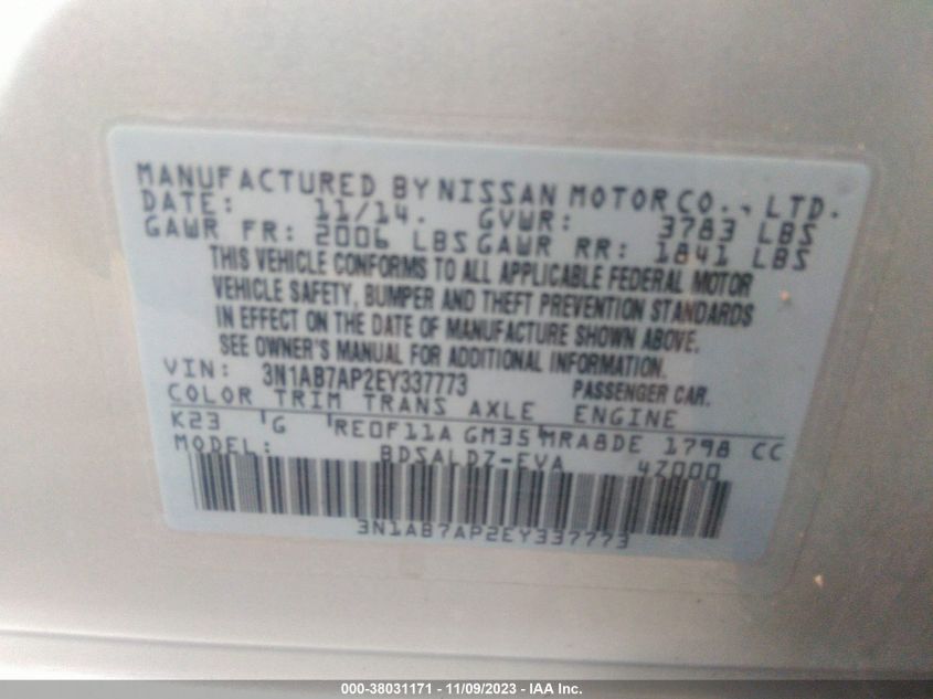 2014 NISSAN SENTRA S/SV/SR/SL - 3N1AB7AP2EY337773
