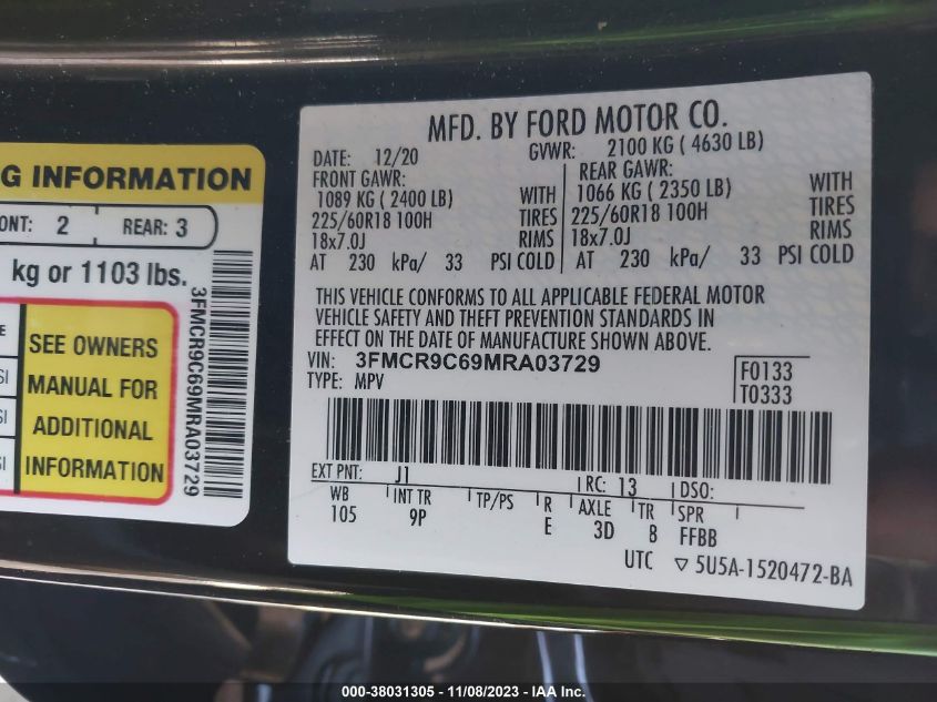 2021 FORD BRONCO SPORT OUTER BANKS - 3FMCR9C69MRA03729