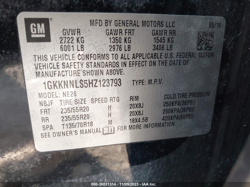 VIN 1GKKNNLS5HZ123793 2017 GMC ACADIA SLT-2