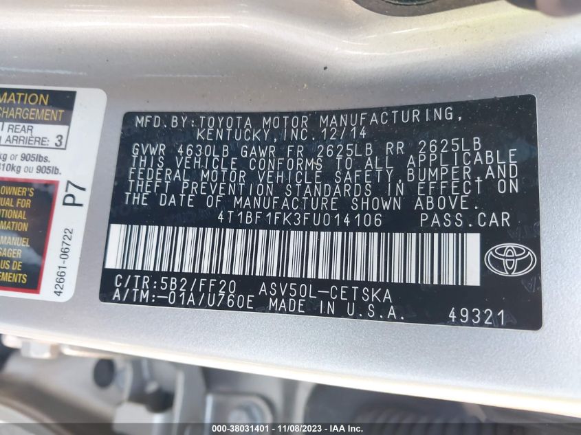 2015 TOYOTA CAMRY SE - 4T1BF1FK3FU014106