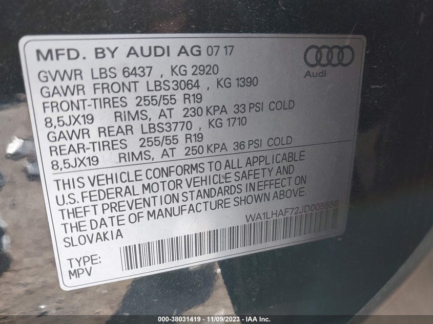 VIN WA1LHAF72JD005558 2018 AUDI Q7 PREMIUM PLUS