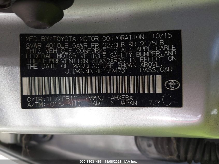 2015 TOYOTA PRIUS THREE - JTDKN3DU4F1994731