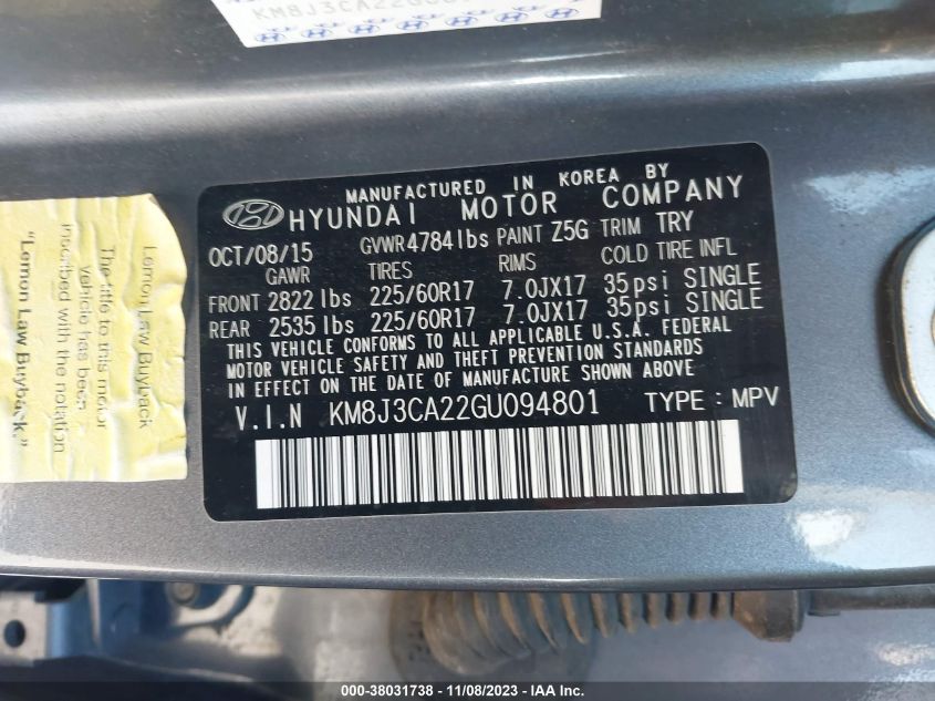 2016 HYUNDAI TUCSON LIMITED/SPORT AND ECO/SE - KM8J3CA22GU094801