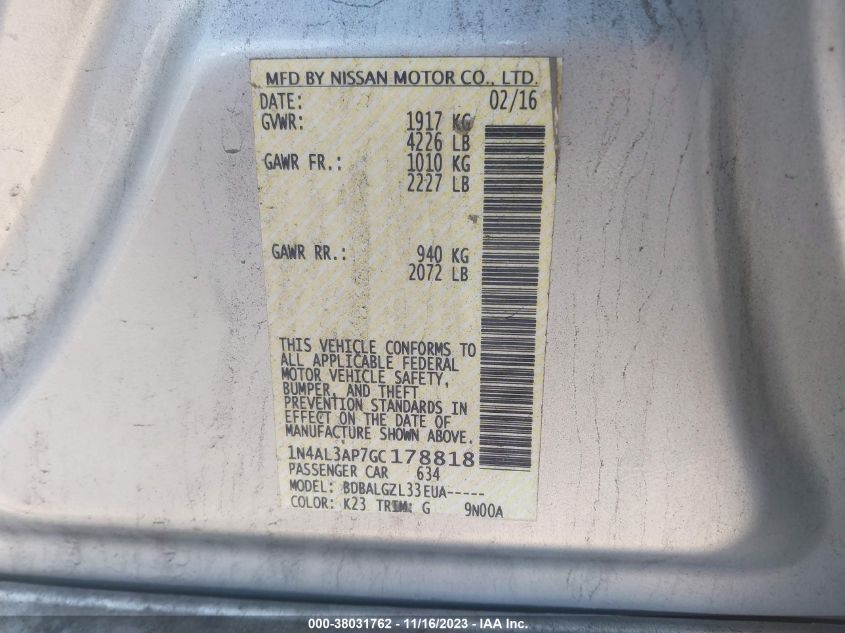 2016 NISSAN ALTIMA - 1N4AL3AP7GC178818
