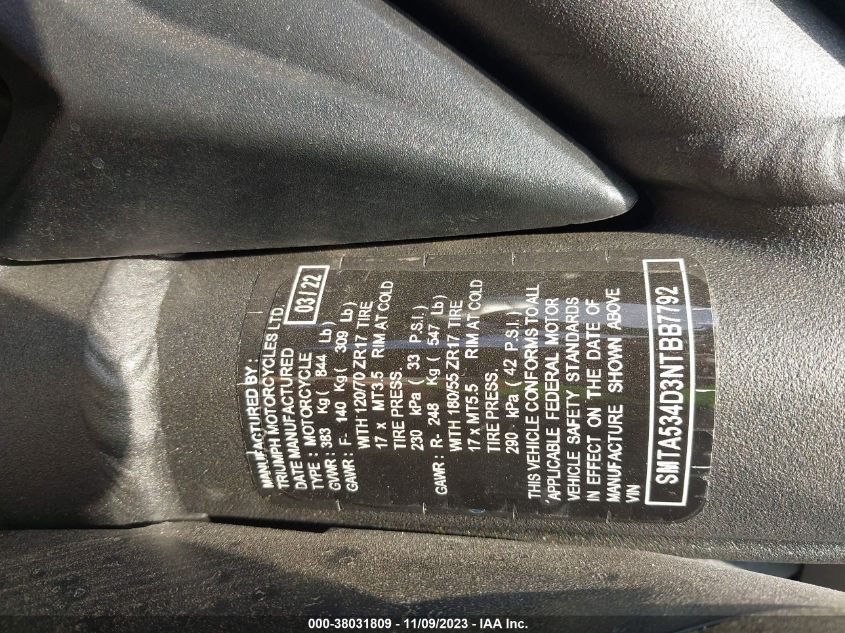 2022 TRIUMPH MOTORCYCLE STREET TRIPLE R SMTA534D3NTBB7792