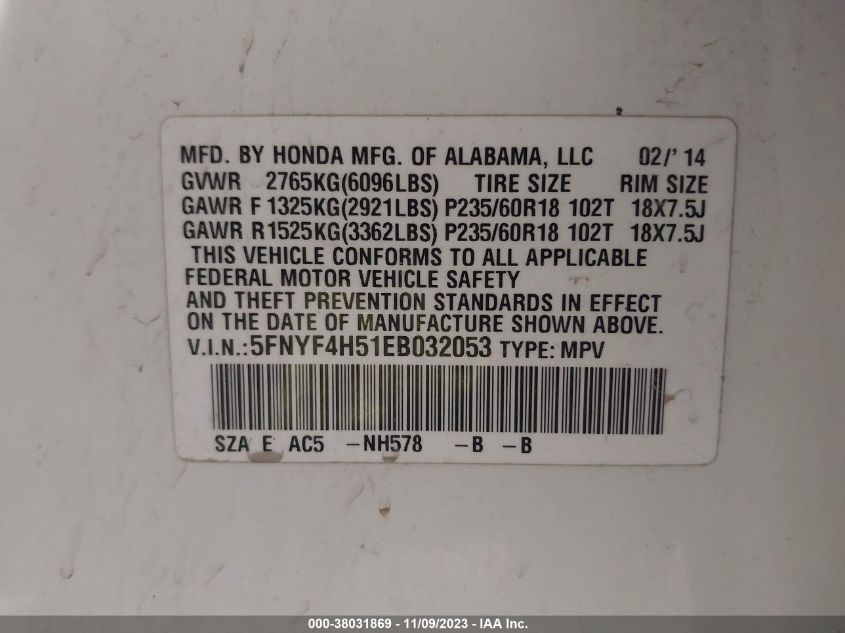 2014 HONDA PILOT EXL - 5FNYF4H51EB032053